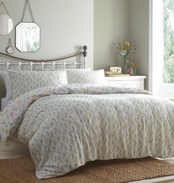 Wildflower reversible duvet cover set, leaf-print reverse