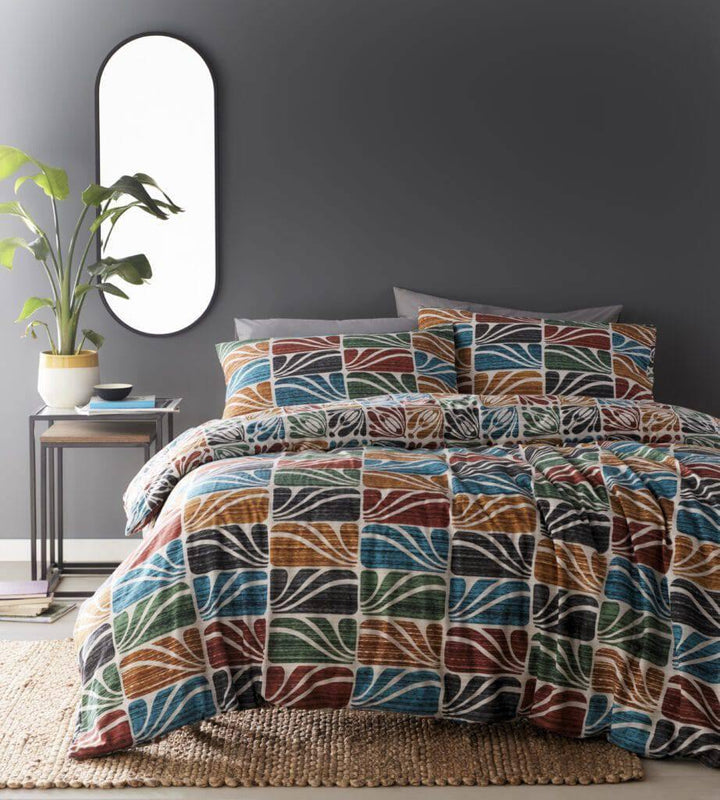 Spice and Teal geometric reversible duvet cover set
